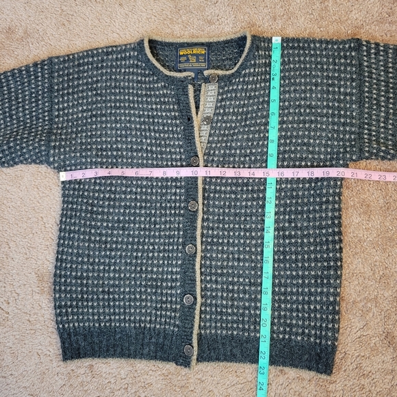 Vintage Woolrich Brown 100% Wool Geometric Knit Cardigan Sweater Women Sz S - Picture 2 of 5